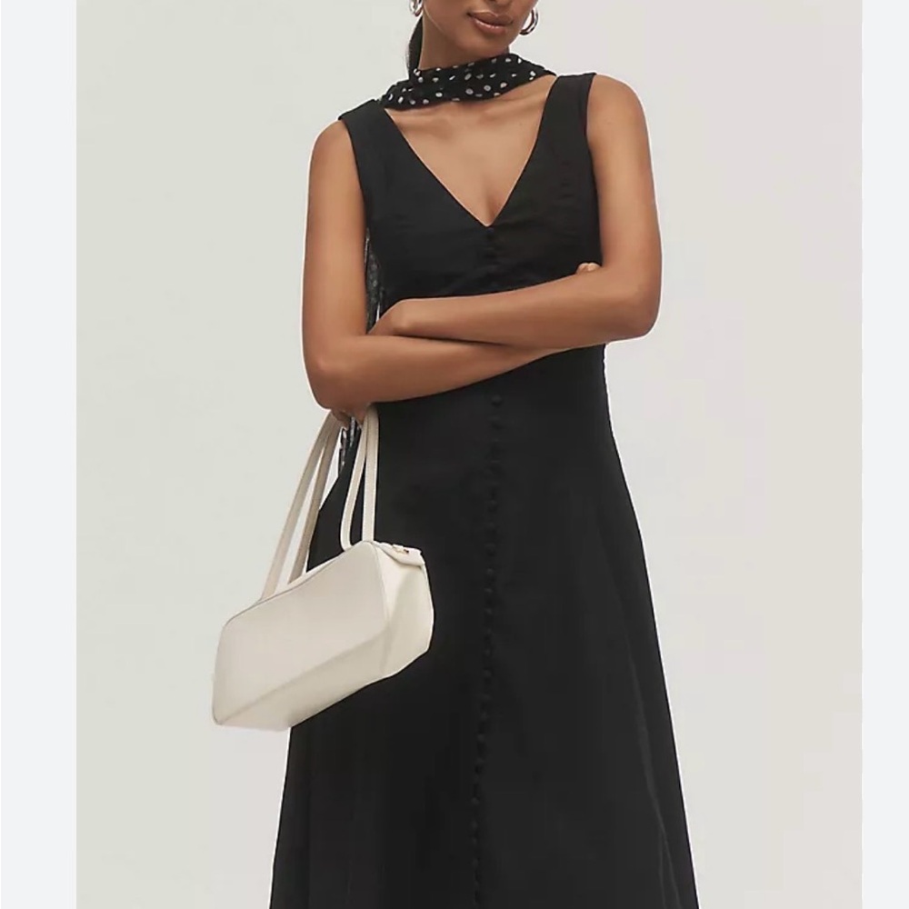 Black Sleeveless V-Neck Button-Front Midi Dress